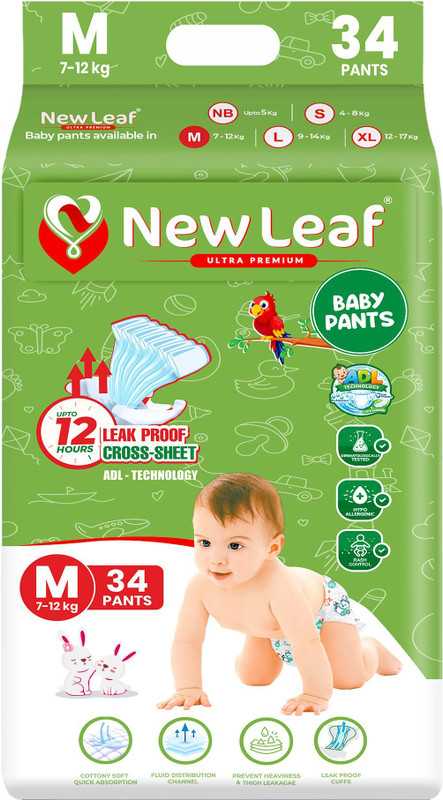Newleaf Baby Diaper Pants 12Hrs Absorption, Adl, Medium (7-12Kg), Jumbo Pack Of 1 – M(34 Pieces)