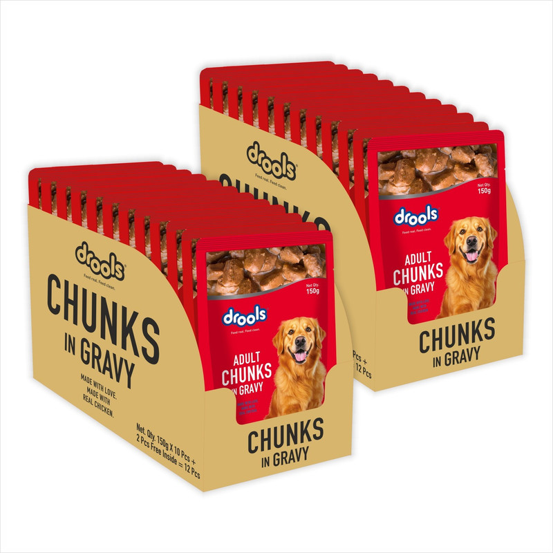 Drools Chunks In Gravy For Adult – Chicken Liver And Real Chicken 3.6 Kg (24X0.15 Kg) Wet Adult Dog Food