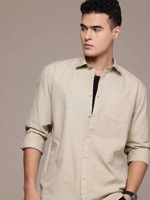 Blue Squad Men Solid Casual Beige Shirt