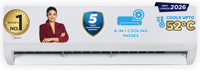 Midea 2026 Model 1.5 Ton 5 Star Split Inverter Convertible 6-In-1 With Auto Intelligence,Turbo Mode For Faster Cooling, Auto Defrost Clean And Hd & Pm 2.5 Filter Ac(Mai18Sr5R36F0, White)