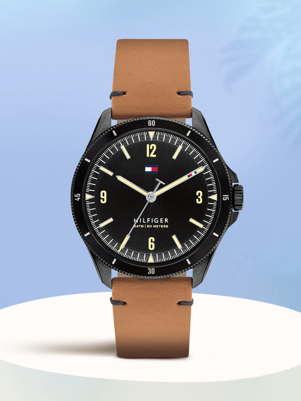 Tommy Hilfiger Ncth1791906 Tommy Hilfiger Black Dial Brown Leather Strap Analog Watch  – For Men