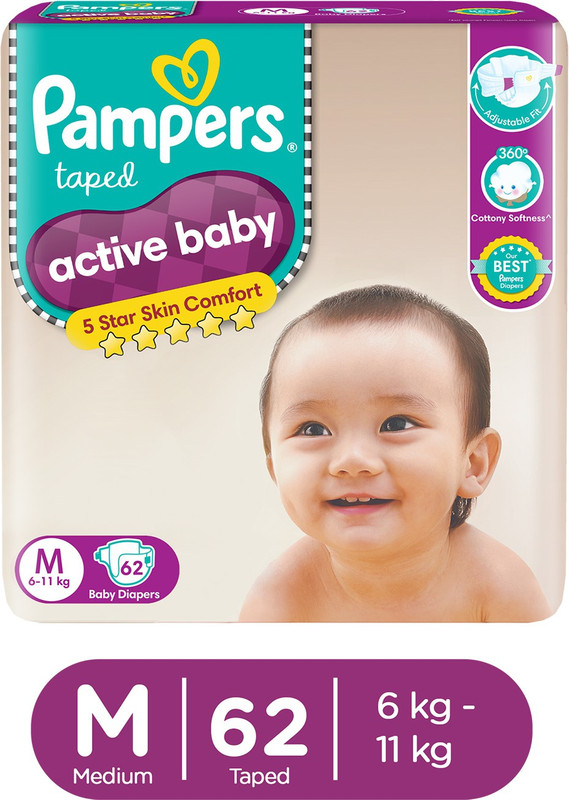Pampers Active Baby Taped Diapers With Adjustable Fit – M(62 Pieces)