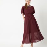 Miss Chase Women Gathered Maroon Maxi/Full Length Dress