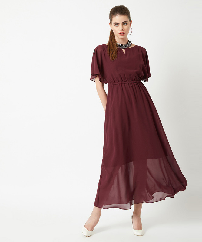 Miss Chase Women Gathered Maroon Maxi/Full Length Dress
