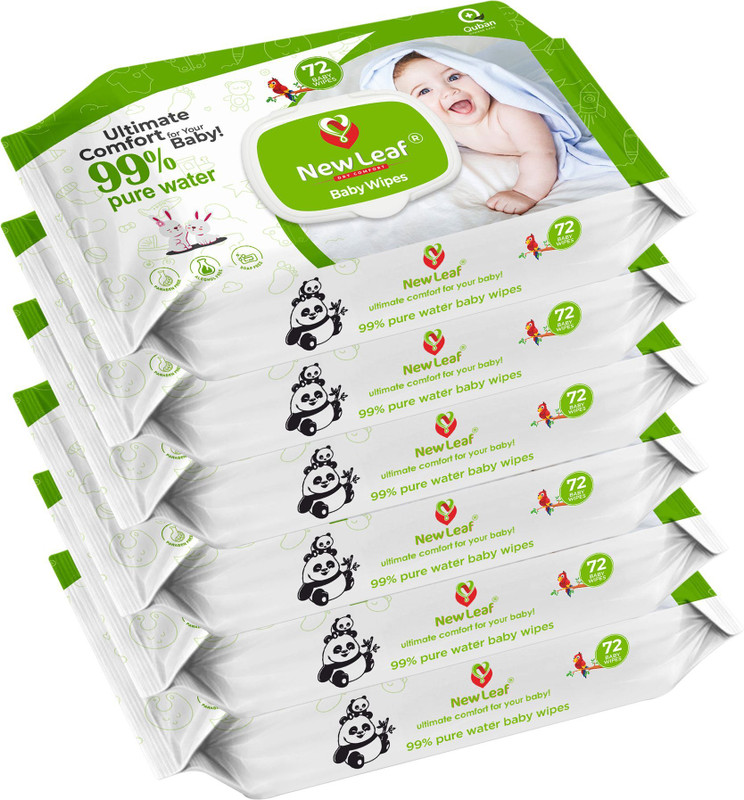 Newleaf Premium Baby Wipes | 99% Pure Water, Aloe Vera & Glycerine With Lid, Pack Of 6(432 Wipes)