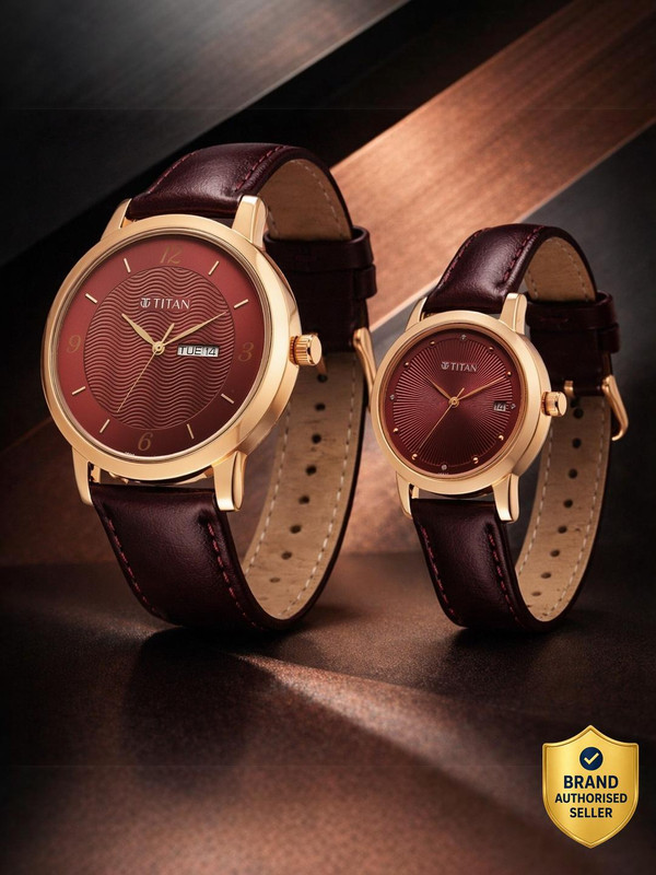 Titan Bandhan Eternal Pair Titan Bandhan Eternal Pair With Date Maroon Dial Maroon Leather Strap Analog Watch  – For Couple