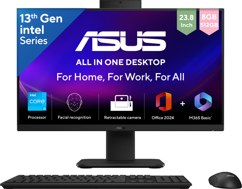 Asus Aio V400 Series, All In One Desktop, 6 Cores, 13Th Gen Intel Core I3 (8 Gb Ddr5/512 Gb Ssd/Windows 11 Home/23.8 Inch Screen/V440Vab-Kbpc004Ws) With Ms Office(Black, 21 Cm X 54.1 Cm X 41.6 Cm, 6.9 Kg)