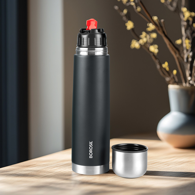 Borosil 24 Hours Hot & Cold Thermo Double Wall Vaccum Insulated Steel Flask Bottle 1000 Ml Steel Flask(Pack Of 1, Black)