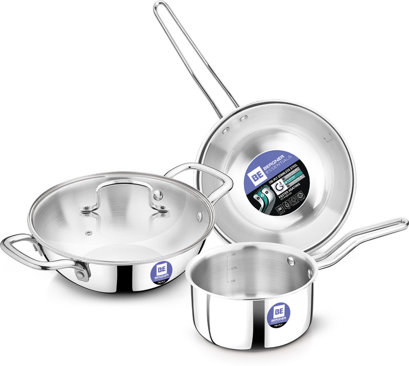 Bergner Be Essentials Triply 4 Pcs Set Of 22Cm Kadai, 22Cm Frypan, 14Cm Saucepan – Induction Bottom Cookware Set(Triply, 4 – Piece)