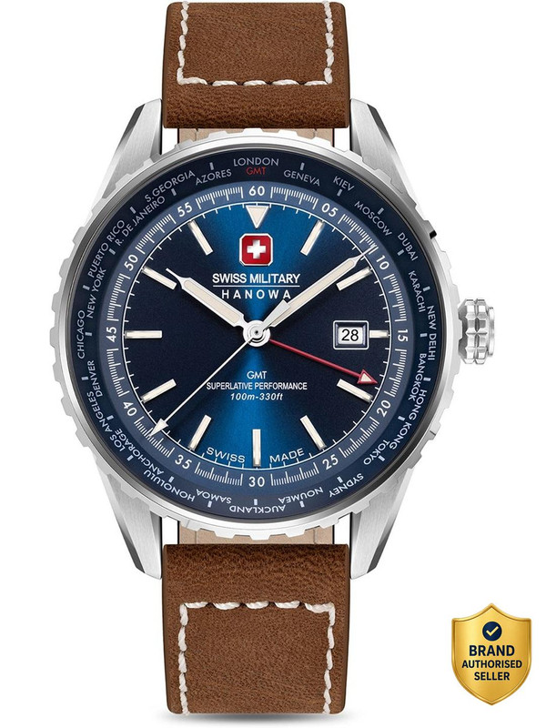 Swiss Military Hanowa Afterburn Gmt Water Resistant Dial 3 Hand Leather Strap Analog Watch  – For Men
