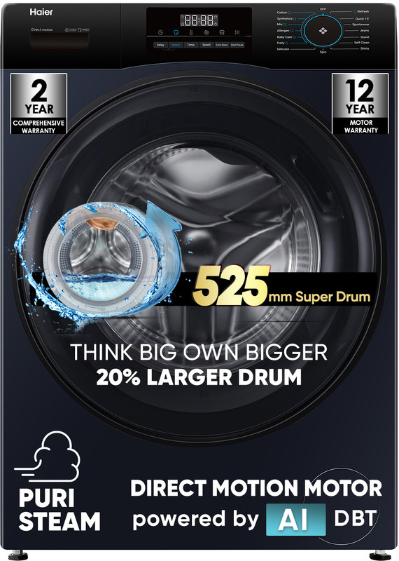 Haier 9 Kg 5 Star With Powered By Ai-Dbt, Puristeam, 525 Mm Super Drum, Inbuilt Heater, Ai Dbt Washer Fully Automatic Front Load Washing Machine Black, Blue(Efl90-Dm14Ibiebk)