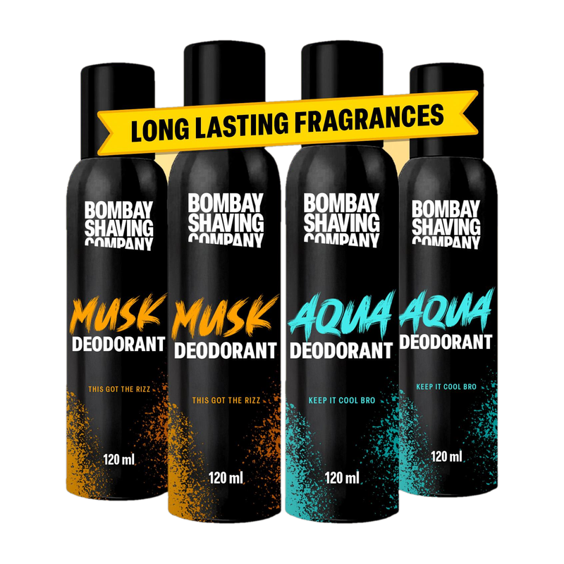 Bombay Shaving Company Fresh Aqua & Intense Musk 120Mlx4 Combo Deodorant Luxury Long Lasting Fragrance Deodorant Spray – For Men & Women(480 Ml, Pack Of 4)