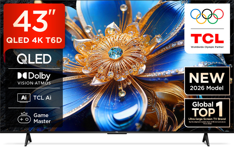 Tcl T6D 107.95 Cm (43 Inch) Qled Ultra Hd (4K) Smart Google Tv 2026 Edition With Hdr10+ Dolby Vision- Atmos 28W Hva Panel Tcl Ai Slim & Uni Body Design(43T6D)