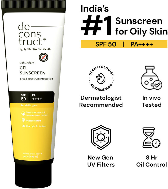 Deconstruct Sunscreen – Spf 50 Pa++++ Lightweight Gel Sunscreen For Oily Skin | Travel Pack | For Men & Women(30 G)