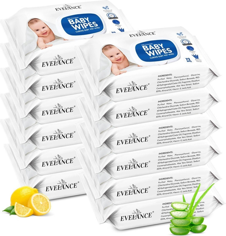 Evelance Caring Baby Wet Wipes With Lid & Aloe Vera Extract| 72 Pieces|Pack Of 12(864 Wipes)