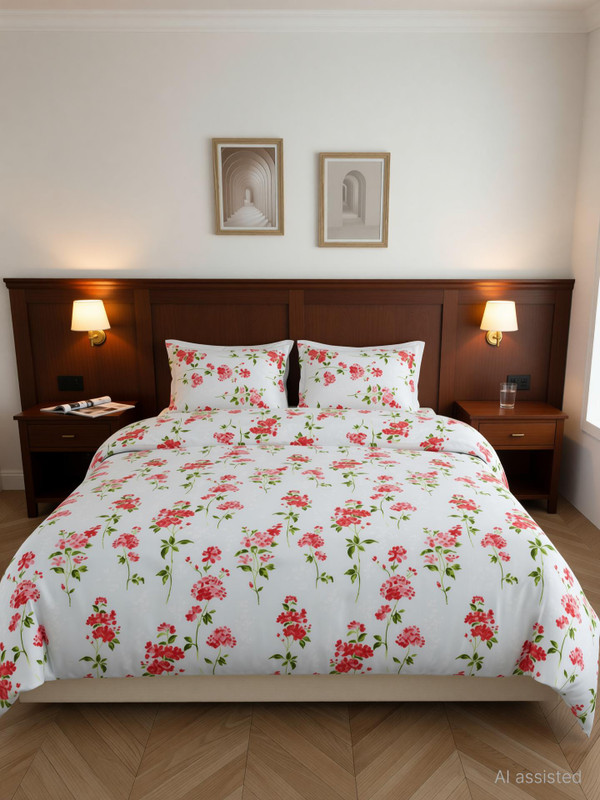 Haus & Kinder Microfiber Double Flat 200 Tc Printed 1 Bedsheet With 2 Pillow Covers(Sage Green)