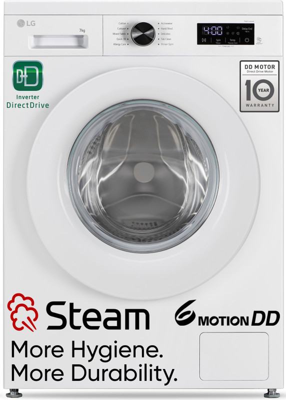Lg 7 Kg 5 Star, Allergen Free With Steam, Inverter Direct Drive – Less Vibration, Less Noise, 6 Motion Direct Drive, Touch Panel, 1200 Rpm, Essence Fully Automatic Front Load Washing Machine With In-Built Heater White(Fhb1207Z2W)