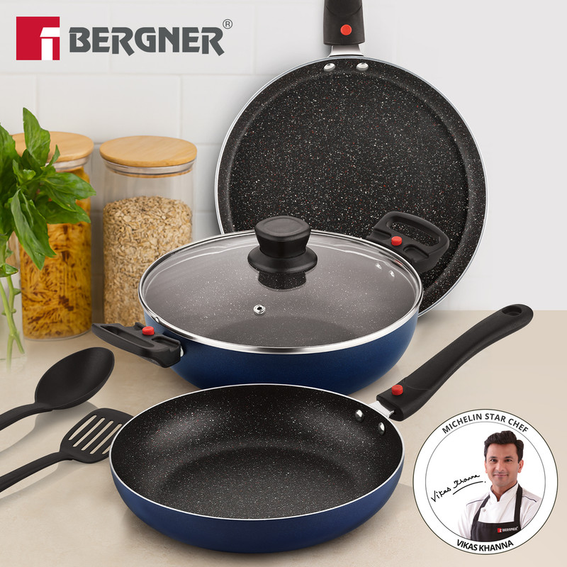 Bergner Sherry Plus 5-Layer 6 Pcs Non-Stick Cookware Set With Detachable Handle – Induction Bottom Non-Stick Coated Cookware Set(Aluminium, 6 – Piece)
