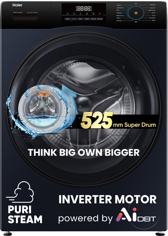 Haier 8 Kg 5 Star With Powered By Ai-Dbt, Ai Wash, Puristeam, 525 Mm Super Drum, Inbuilt Heater, Washer Fully Automatic Front Load Washing Machine Black(Efl80-Im12Ibiebk)