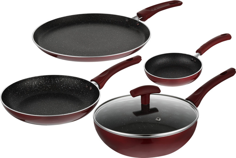 Bergner Bergner Amarone 5 Pcs Cookware Set (Wok-24 Cm, Frypan-24 Cm, Tawa-25 Cm, Mini Pan-14 Cm) Induction Bottom Non-Stick Coated Cookware Set(Aluminium, 5 – Piece)