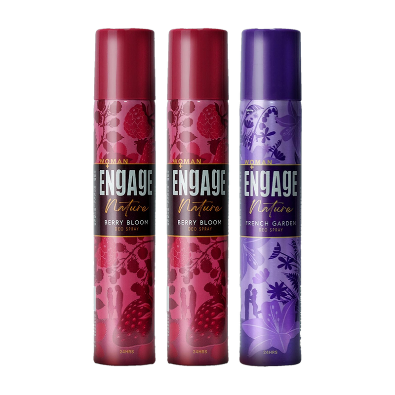 Engage Nature Deo: 2 Berry Bloom & 1 French Garden (150Ml X 3) Deodorant Spray  –  For Women(450 Ml, Pack Of 3)