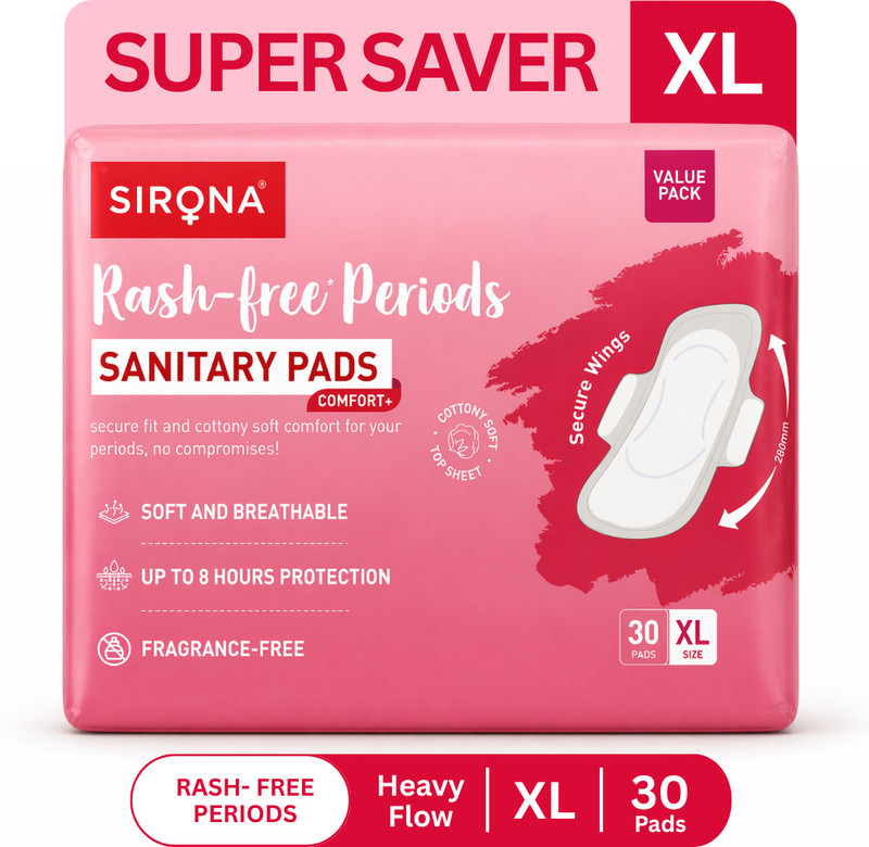 Sirona Rash-Free Cottony Soft | For Heavy Flow & Leak Protection | Super Saver Pack-Xl Sanitary Pad(Pack Of 30)