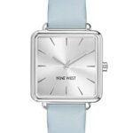 Nine West Women’s Analog Watch, Light Blue Faux Leather Strap, Vegan Leather Strap, Limited Movement, Chronograph, Silver-Tone Dial, NW/2671SVLB