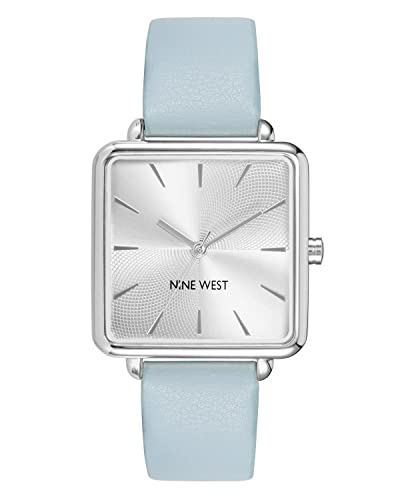 Nine West Women’s Analog Watch, Light Blue Faux Leather Strap, Vegan Leather Strap, Limited Movement, Chronograph, Silver-Tone Dial, NW/2671SVLB