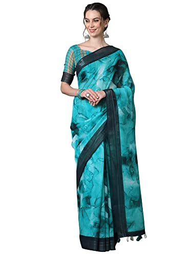 AKHILAM Women’s Linen Floral Saree With Unstitched Blouse Piece(Teal Blue_BELIZA1004)