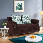 Peachtree Alton 2 Seater Sofa with Velvet Printed 2 Pillows for Living Room, Mango Wooden Frame & Iron Leg| Malfino Fabric Sofa for Dining Room, Hall, 3 Year Warranty | Padded Armstyle (Dark Brown)