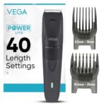 VEGA Power Lite Beard Trimmer for Men with Self-Sharpening Stainless Steel Blades, 40 Length Settings, 90 Min Runtime, 2 Comb Attachment, USB Type-C, Travel Lock, Hair Trimmer, 2Yrs Warranty (VHTH-38)