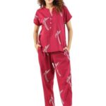 BLACK TEETAR Women’s Cotton Printed Night Suit Set of Shirt & Pajama Set Women Night Wear Set, (Red, M)