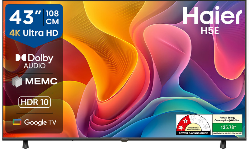 Haier 108 cm (43 inch) Ultra HD (4K) LED Smart Google TV with Voice Assistance Remote Control |HDR10 | MEMC | Dolby Audio| Total Sonic |Chromecast Built-in| Dual Band Wi-Fi |2GB RAM + 32GB ROM(43H5E)