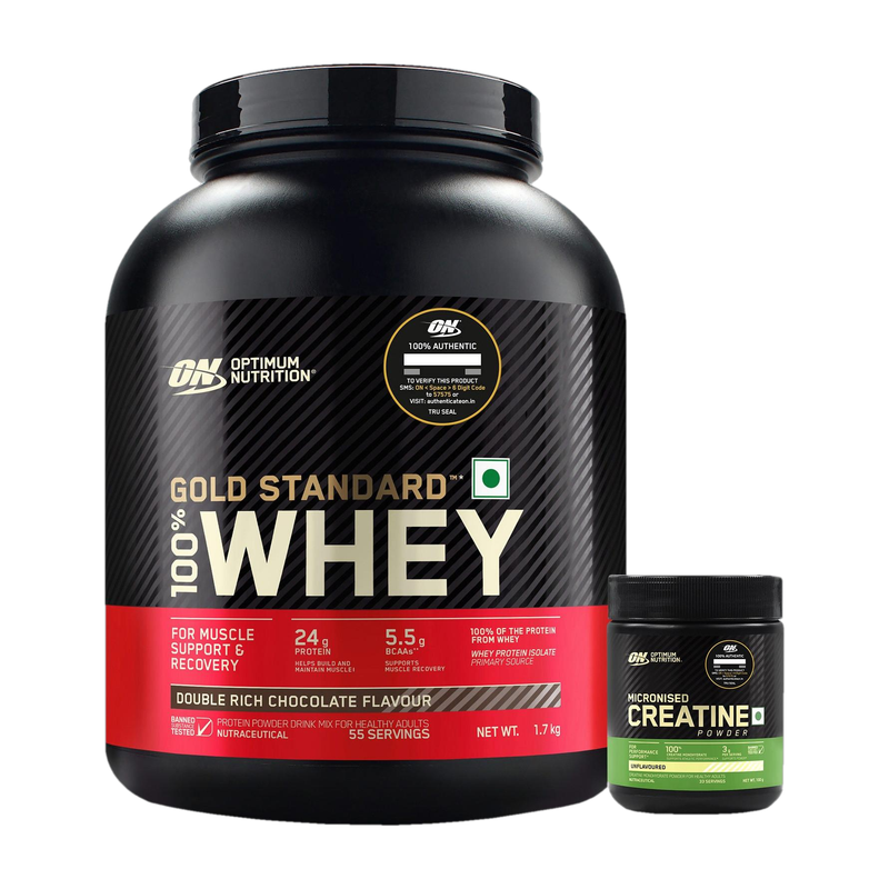 Optimum Nutrition (ON) Gold standard 100% Protein Powder 1.7 Kg + Creatine (100g, Unflavored) Whey Protein(1.7 kg, Double Rich Chocolate)