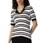 Van Heusen Women White Stripe Casual Stylized Neck Top