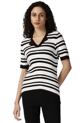 Van Heusen Women White Stripe Casual Stylized Neck Top