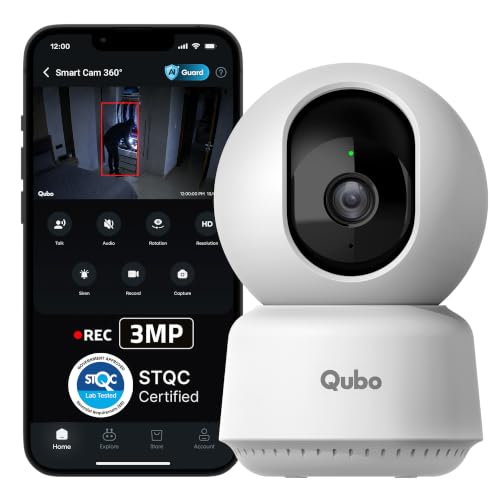 Qubo Smart Cam 360° 3MP [2026 Edition] by Hero Group | STQC Certified | AI Person Detection | Intruder Alarm | Color Night Vision | Two-Way Talk | Records Directly on Cloud | No SD Card Required