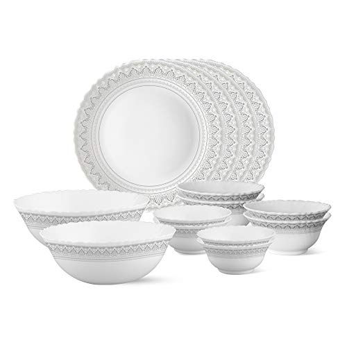 Larah by Borosil Opalware Dinner Set Microwave & Dishwasher Safe | Bone-Ash Free | Crockery Set for Dining & Gifting | Plates & Bowls (Classic, 14pc)