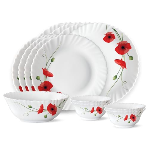 Larah by Borosil Fluted Series Red Carnation Opalware Dinner Set | 13 Piece for Family of 4 | Microwave & Dishwasher Safe | Bone-Ash Free | Crockery Set for Dining & Gifting | Plates & Bowls | White