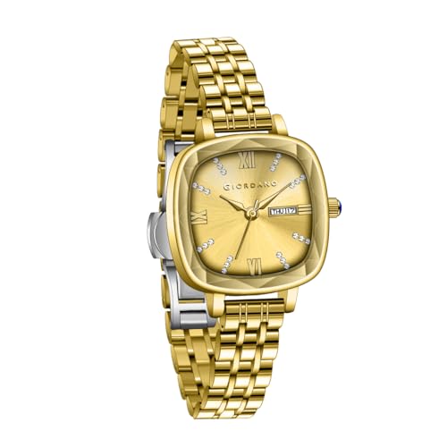 Giordano Elegant Square Watch for Women – Crystal & Roman Hour Markers, Day-Date Display, Stainless Steel Strap