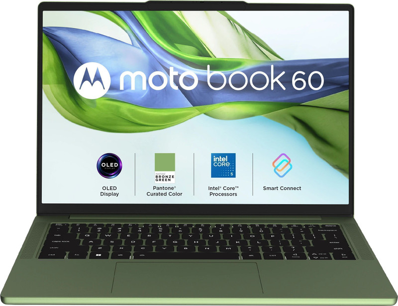 MOTOROLA Motobook 60 Full Metal 2.8K OLED (i5 14th Gen) Intel Core 5 Series 2 210H – (16 GB/512 GB SSD/Windows 11 Home) 14IRH10R Thin and Light Laptop(14 Inch, PANTONE Bronze Green, 1.4 Kg, With MS Office)