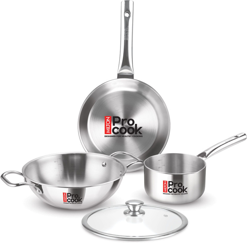 MILTON Procook Cookware Saucepan, Frypan, Kadai with Glass Lid Induction Bottom Cookware Set(Stainless Steel, 4 – Piece)