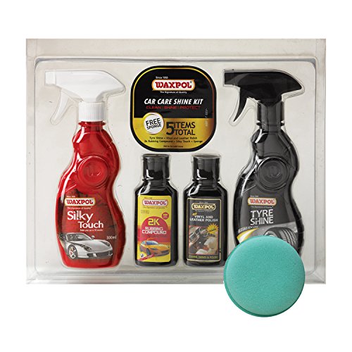 Waxpol Complete Car & Bike Shine Kit with Sponge | High Gloss Exterior Polish, Tyre Shine, Dashboard & Vinyl Polish, Rubbing Compound | High Gloss, Scratch Removal & Protection Combo
