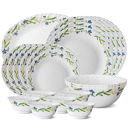 Larah by Borosil Cripper Fluted Series Opalware Dinnerset | 21 Pieces for Family of 6 | Microwave & Dishwasher Safe | Bone-Ash Free, Crockery Set for Dining & Gifting | Plates & Bowls, White