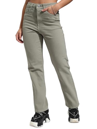 Tokyo Talkies Women Straight Fit High-Rise Stretchable Jeans Olive