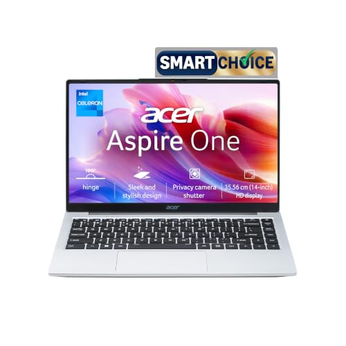 Acer Aspire One, Intel Core Celeron N4500, 8GB LPDDR4 RAM/ 256GB SSD, 14.0″/35.56cm WXGA Display, Intel UHD Graphics, Win 11 Home, Pure Silver, 1.3 Kg, A114-45, Thin and Light Laptop