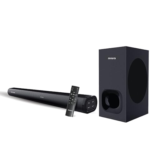 Aiwa Soundbar with Bluetooth V5.3 and Powerful Bass, 6.50 Inches Subwoofer, 2.1 Channel with Remote Control SD Card, HDMI AUX, USB and Optical Connectivity 240W Sound bar | Satori – AW-SSB240 (Black)