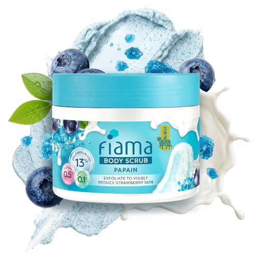Fiama Strawberry Skin Exfoliating Body Scrub 200g, 0.5% Papain Enzyme + 0.1% Caffeine, Chemical + Physical Exfoliation, 13% Polishing Blend, Reduces Keratosis Pilaris, Refreshing Aqua Fragrance