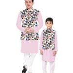 Os Men’s & boy kurta pyjama set with nerhu jackets (Multi printed) in cotton (baap_beta|father_son|)