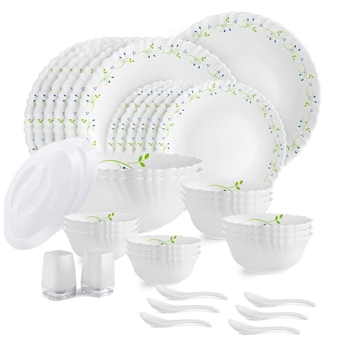 CELLO Tropical Lagoon Dazzle Series Opalware Dinner Set of 37 Pieces For Family of 6 | Bone-Ash Free & Leadfree Opal Glass, Microwave & Dishwasher Safe Plates & Bowls Crockery Set For Dining & Gifting